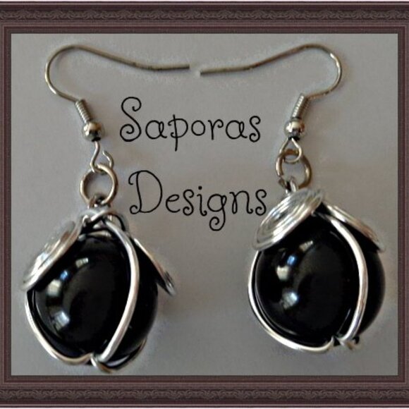 Silver Tone Handmade Dangle Earrings With Black Bead - Picture 1 of 1